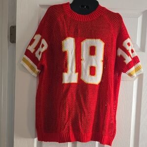 Vibrant Red Mesh Sweater with Number Design